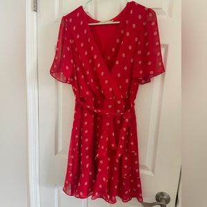Red and pink polka dot wrap sundress